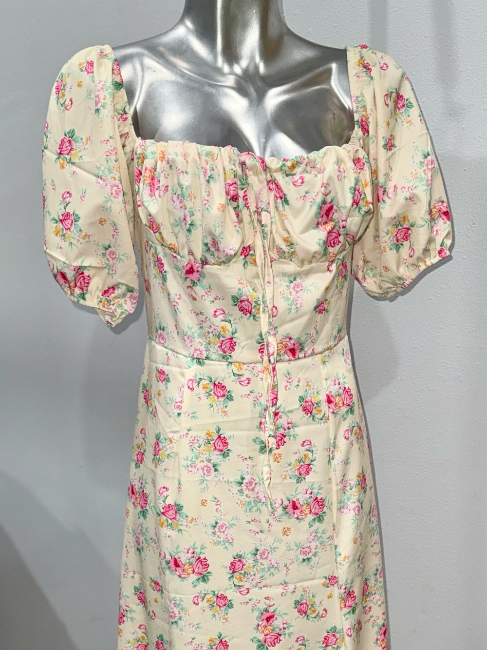 Cream Floral Maxi Dress with Pink Rose Print